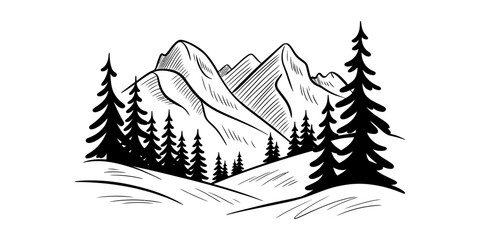 Hand drawn mountain landscape with pine trees forest sketch illustration Vector, illustration © KDP Publisher