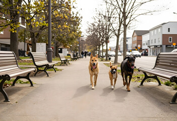 Fototapeta premium Three happy dogs walking on a sidewalk in a small town during autumn, with benches and trees lining the path, Sense of joy and companionship during an autumn day