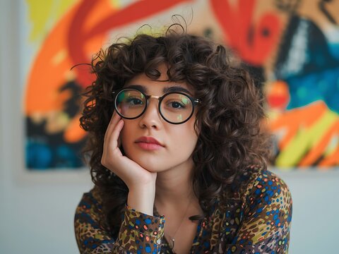 Creative portrait of a curly-haired woman wearing glasses with colorful artistic background.