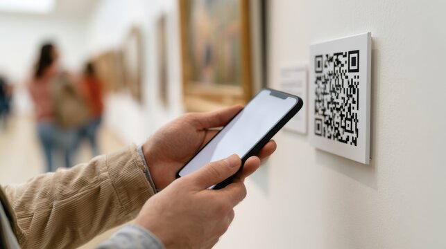 Person scanning a QR code with a smartphone in an art gallery, paintings displayed on the walls, visitors in the background observing the artwork