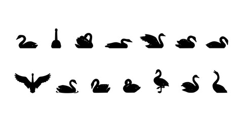 Obraz premium Swans in Various Poses and Styles as Black Silhouettes on White Background Featuring Swan, Silhouette, Bird with Water and Nature