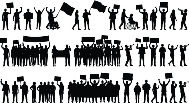 Protest Crowd Silhouette Vector Collection Featuring Demonstrators with Banners, Raised Fists, Flags, Megaphones, Wheelchair Activists and Public Rally Scenes