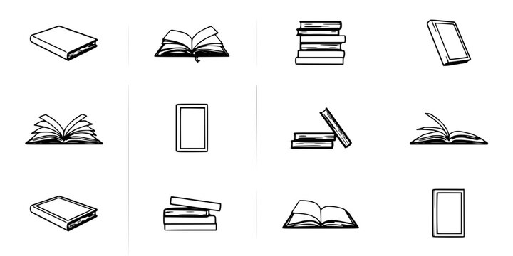 Books Arranged in a Grid of Twelve Different Illustrations Depicting Various Reading and Book-Related Concepts