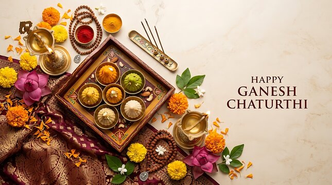Ganesh Chaturthi festival arrangement with modaks and flowers