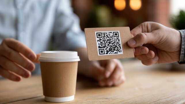 Hand holding QR code card above disposable coffee cup on wooden table with blurred background of indoor cafe setting and soft lighting