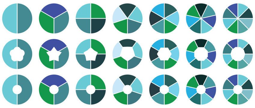 Circle pie chart diagram. 2,3,4,5,6,7,8, sections or steps. Circle icons for infographic, UI, web design,business presentation.Set of colorful pie chart.Circle section graph.