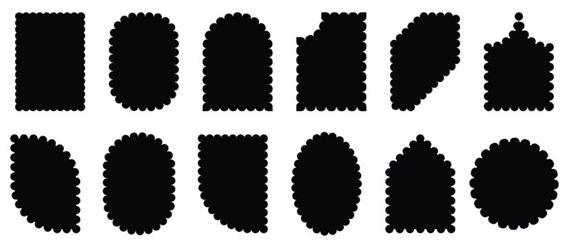 Cute white cloud frames, oval and arch shape frame with scallop edges. Clipart image vector photo frames, text boxes, tags, labels. Vector groovy shapes set. zigzag Wave and curvy borders illustration