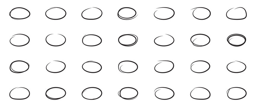 Artistic collection of black ink circle highlights, hand sketched with brush markers and felt-tip pens, featuring irregular round loops. EPS 10
