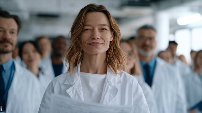 A crowd of researchers in matching lab coats fills a sterile white environment around a library science archivist who holds a printed brain-computer interface patent document, the
