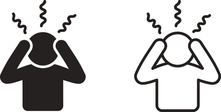 Headache stress and frustration person vector icon set in solid silhouette and outline line art styles