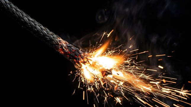 Burning rope fuse igniting with bright orange sparks against black background
