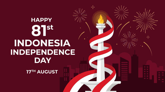 Indonesia Independence Day 81st anniversary banner, Monas monument with red and white ribbon, August 17th national holiday celebration vector