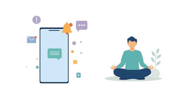 Calm Man Meditating Beside Social  Smartphone Notifications, Digital Detox, Online Distraction, Social Media Balance, Mental Wellness, And Technology Break.Flat Design Animation