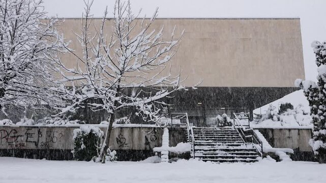 Winter View of the Historical Museum of Bosnia and Herzegovina During Snowfall in Sarajevo