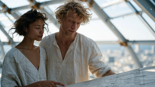 Quilting couple high up on a glass skyscraper steel frame erection site review a hand stitched structural detail diagram together, pointing from fabric panel seam patterns to bolt
