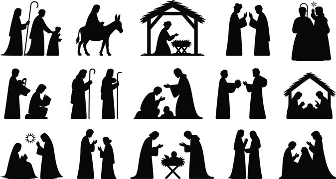 Christmas Nativity silhouette collection featuring Holy Family, shepherds, manger and biblical figures, black vector illustration isolated on white background