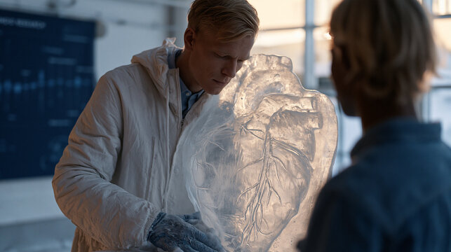 An ice sculptor carves a translucent anatomical heart form in a hospital atrium, viewed over a visitor's shoulder as a genomic research timeline graphic adorns the wall beyond,