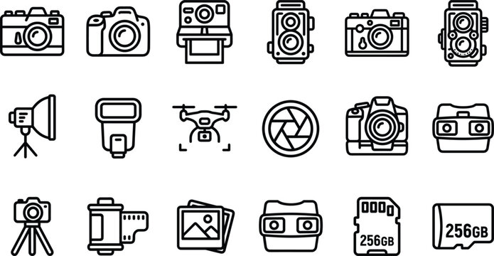 Set of photography and camera equipment line icons with digital cameras, lenses, drones and memory cards.