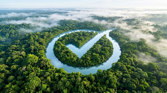 River forming a checkmark symbol in a misty green forest canopy outdoors in morning sunlight representing environmental approval and sustainability