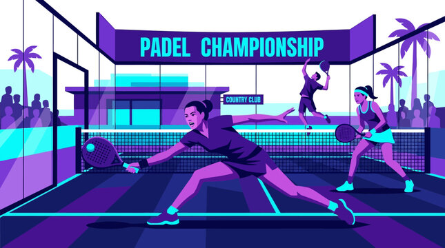 Energetic Padel Championship Tennis Match With Palm Trees And Crowd Energetic Padel Championship