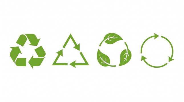 Green recycling icons and ecological leaf symbols isolated on white background in studio setting representing sustainability and environmental protection
