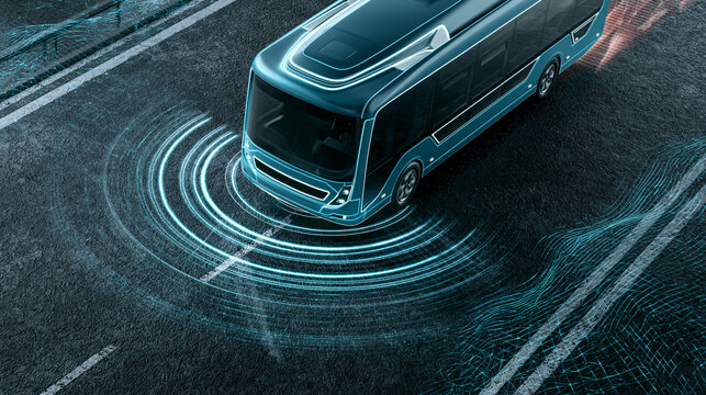 .Futuristic autonomous bus driving on a road with glowing sensor rings, self-driving vehicle technology concept