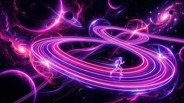 Man running on glowing light track in deep space. Silhouette of athlete sprinting through cosmos. Future sport, galactic competition, healthy life concept.