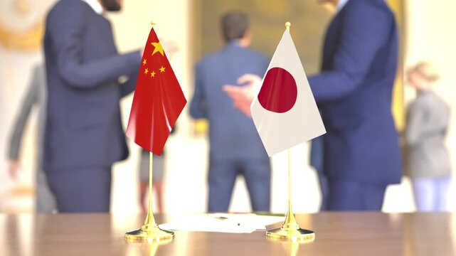 China and Japan high-level talks with miniature flags, 3D rendering
