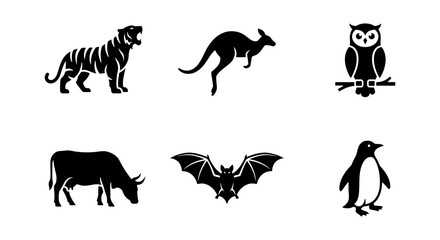 Fototapeta premium Diverse Animal Silhouettes Vector Set: Tiger, Kangaroo, Owl, Cow, Bat, Penguin Icons