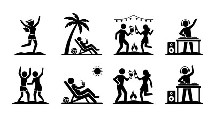 Obraz premium Party Icons Set, Celebration Graphics, Dancing People, DJ Music, Beach Relaxation, Vector Art