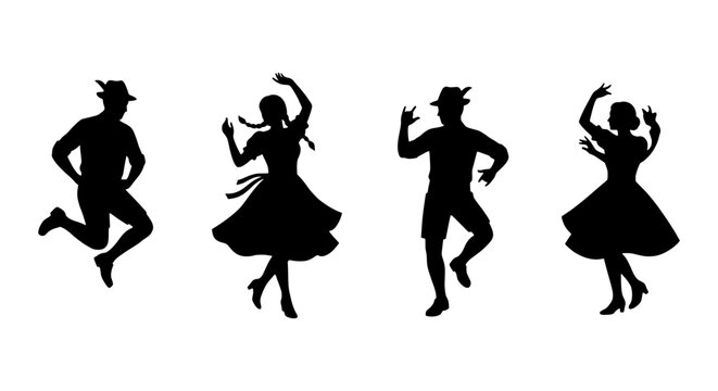 Bavarian Folk Dancers Silhouettes, Oktoberfest Celebration, Traditional German Culture, Festive People Dancing