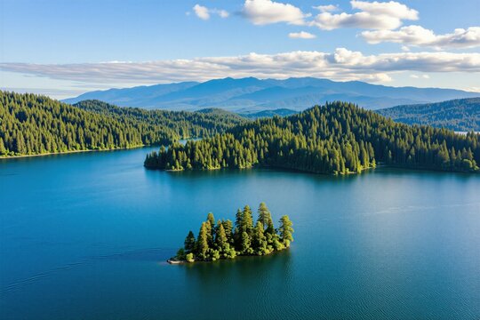 Drone view of Alder Lake in Washington State. Lush green pine forests cover hills surrounding bright blue water. A small island with trees sits in the calm lake under a clear sky.