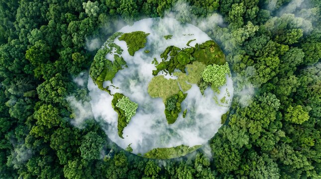 Planet earth covered in green forest foliage floating over misty forest canopy outdoors in daytime representing environmental conservation and ecology