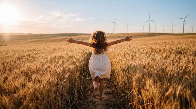 Young girl running happy with open arms through wheat field outdoors near wind turbines at sunset representing freedom and renewable energy