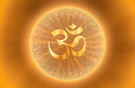 Glowing Golden Om Symbol Glowing in Sacred Glowing Sun Circle for Meditation, Yoga, and Spiritual Wellness Background