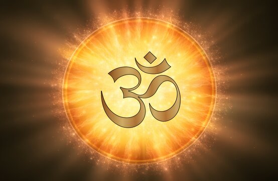 Glowing Golden Om Symbol Glowing in Sacred Glowing Sun Circle for Meditation, Yoga, and Spiritual Wellness Background