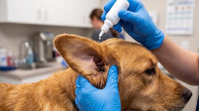 A veterinarian wearing blue gloves carefully administering ear drops to a golden retriever's ear in a clinical setting.