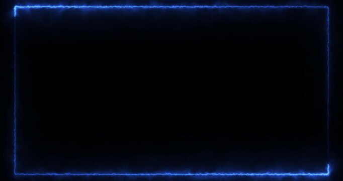 Blue Electric Energy Frame Border Animation on Black Background. Glowing Plasma Lightning Rectangle Overlay, Futuristic Gaming, Streaming HUD Seamless Loop in 4K.
