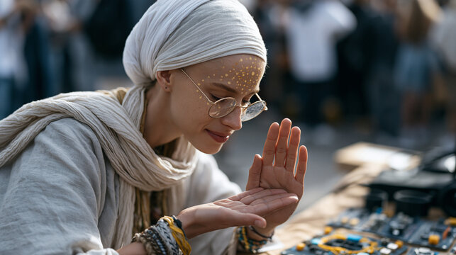 A palm reader leans over an outstretched hand at a crowded weekend bazaar, her spontaneous reading caught mid-gesture as festival crowds blur behind her, a nearby stall displaying