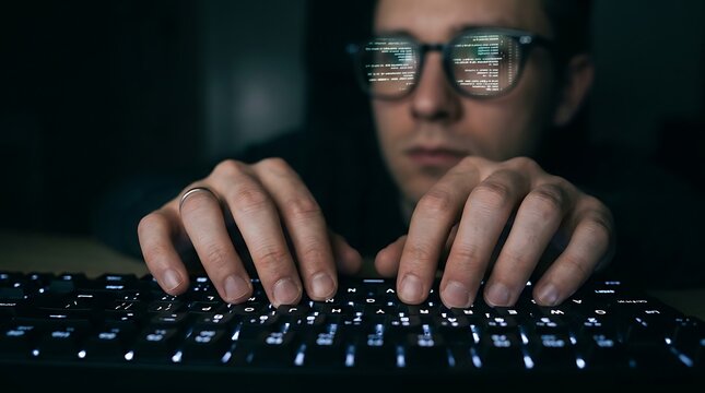 Programmer typing on backlit keyboard with code reflected in glasses