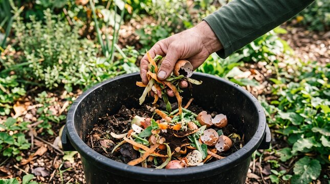 Hand adding kitchen food scraps to compost bin in garden for natural fertilizer and sustainable waste management.