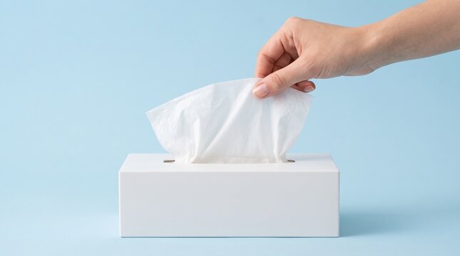 Hand pulling white facial tissue from box against solid light blue background for healthcare hygiene and skincare routine use.