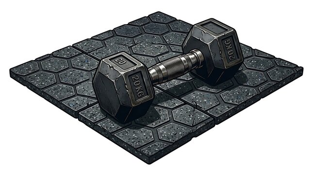 Heavy black twenty kilogram dumbbell on a hexagonal gym floor mat