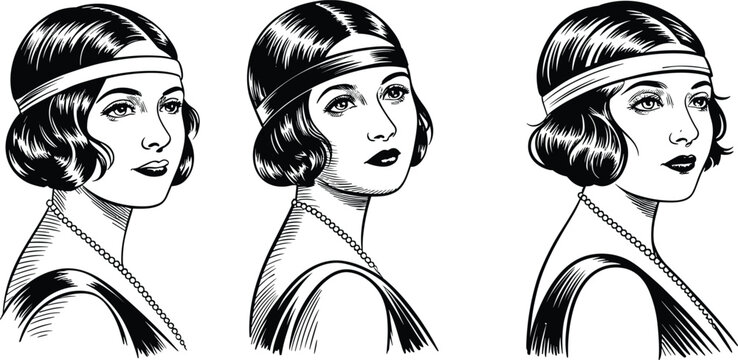 Vintage 1920s flapper woman portrait illustration set, elegant art deco female faces in classic black and white engraving style collection