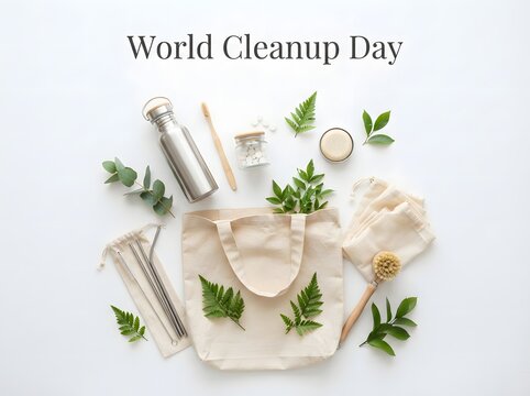World cleanup day concept with eco friendly reusable items and green leaves
