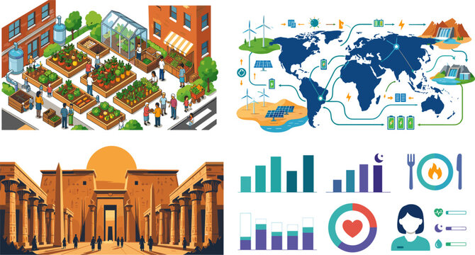 Isometric community garden, renewable energy map, egyptian temple and various data infographic vegetables