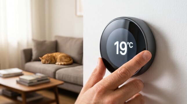 Smart home thermostat with digital display showing 19 degrees, hand adjusting temperature control, modern living room with sleeping cat
