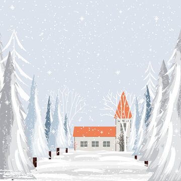 Winter Landscape Christmas Background With Snowy House In Forest, Falling Snow And Snowflakes Under Cold Sky, Vertical Vector Illustration For New Year Card, Holiday Banner And Seasonal Design