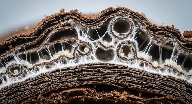 Intricate cross-section reveals delicate fungal hyphae and spores within organic material.