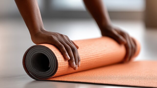 Hands rolling an orange yoga mat on a white floor in a bright space with a low camera angle